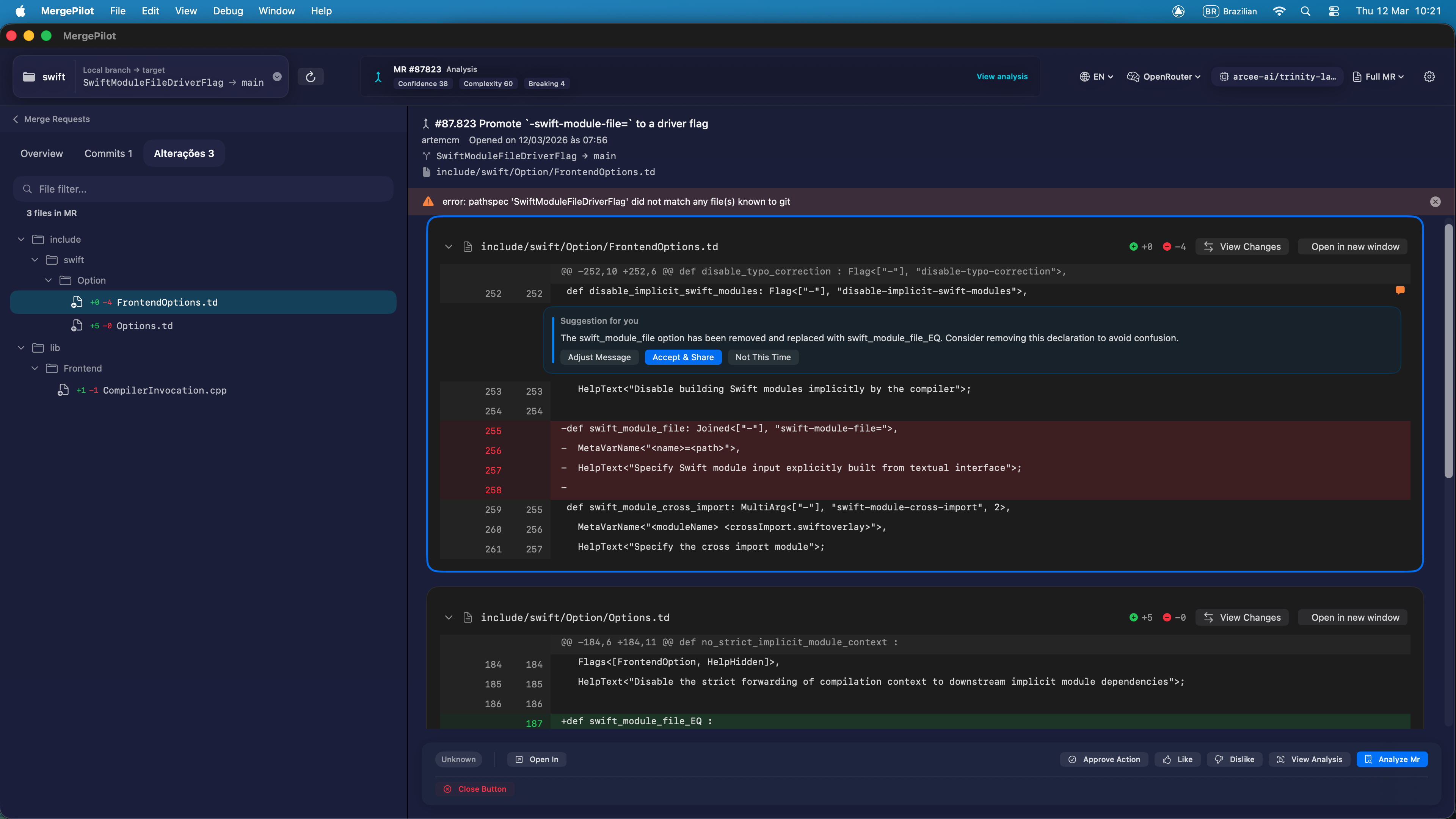 MergePilot diff view — inline AI suggestions and code review comments inside a Pull Request diff