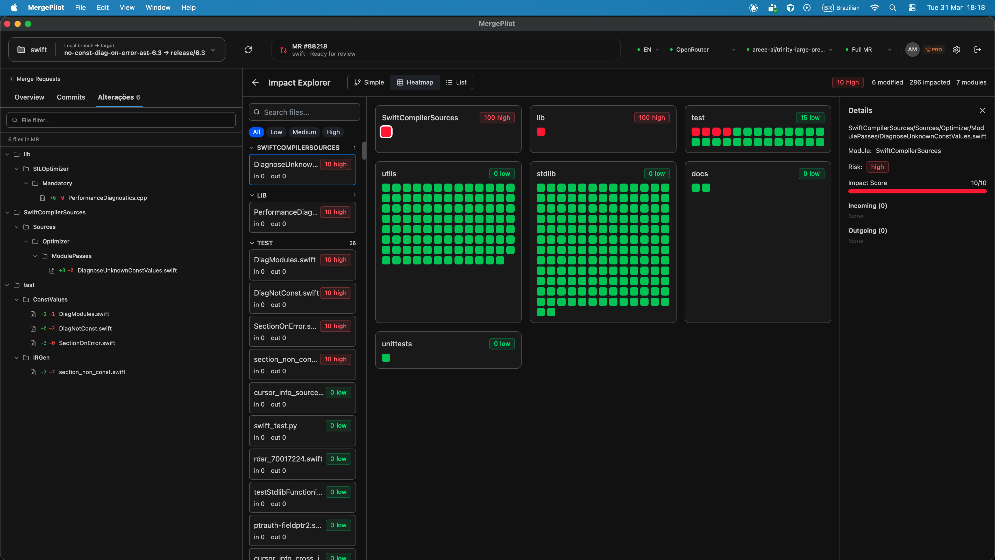 MergePilot Impact Explorer — heatmap showing which modules carry the most risk