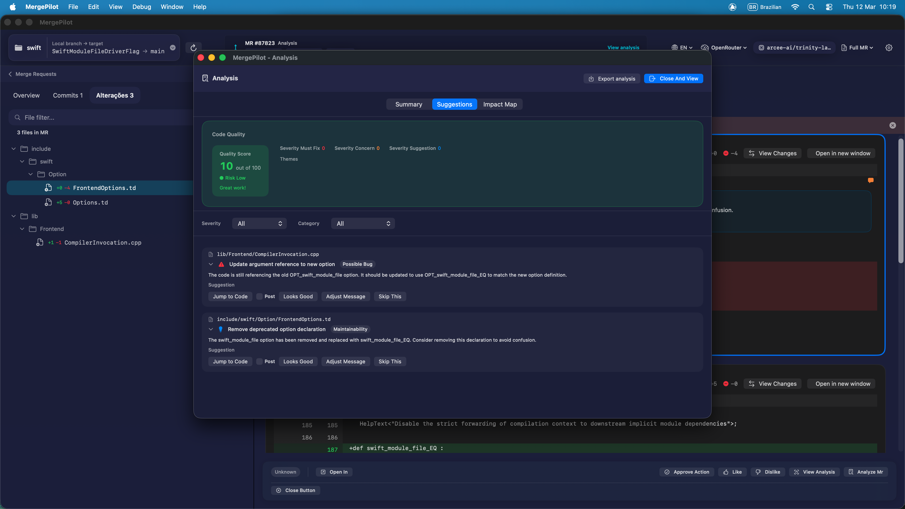 MergePilot desktop app showing AI analysis of a Pull Request — risk score, findings by severity, and impact map on macOS