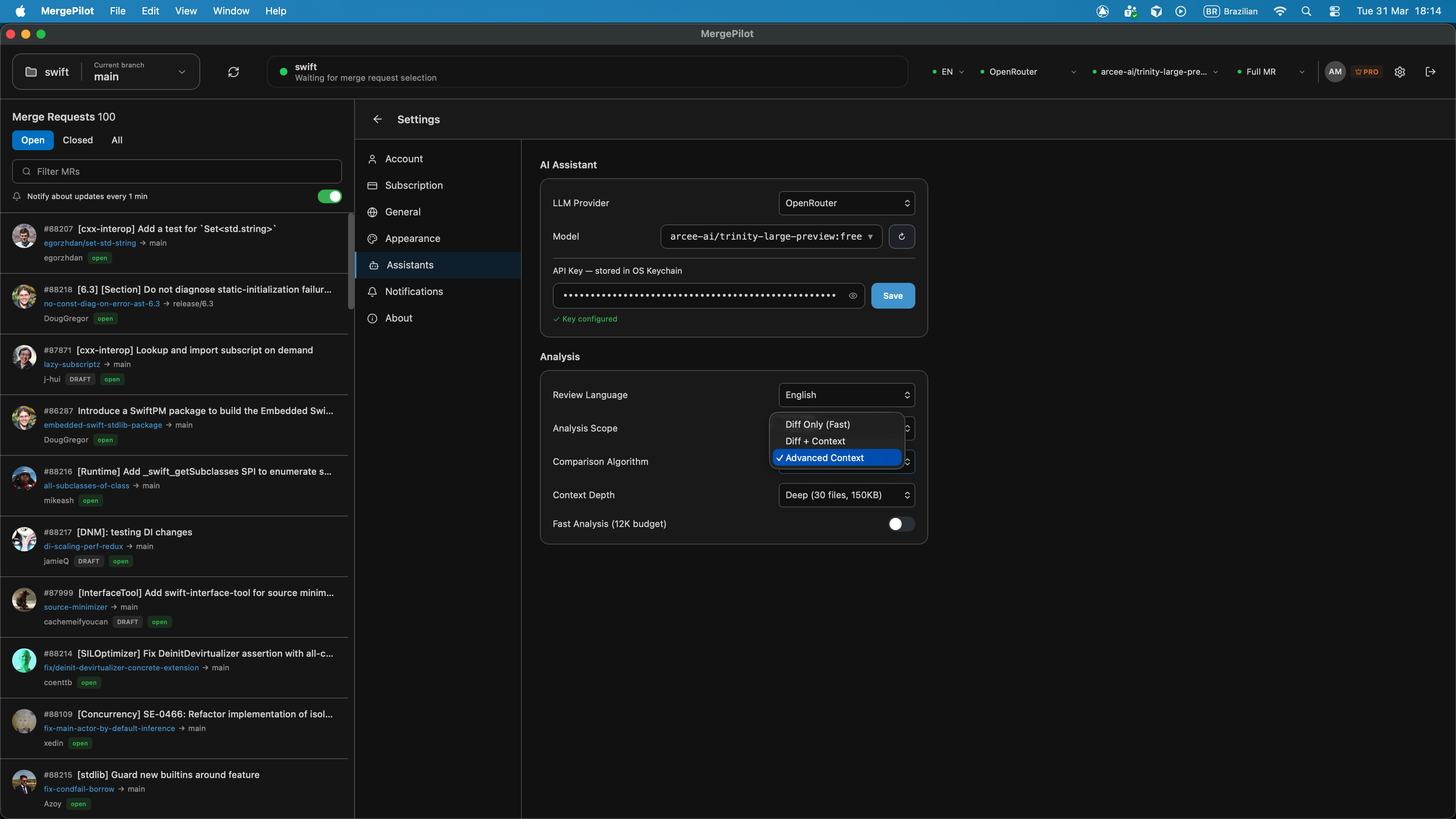 MergePilot analysis settings — scope, context depth, and comparison algorithm
