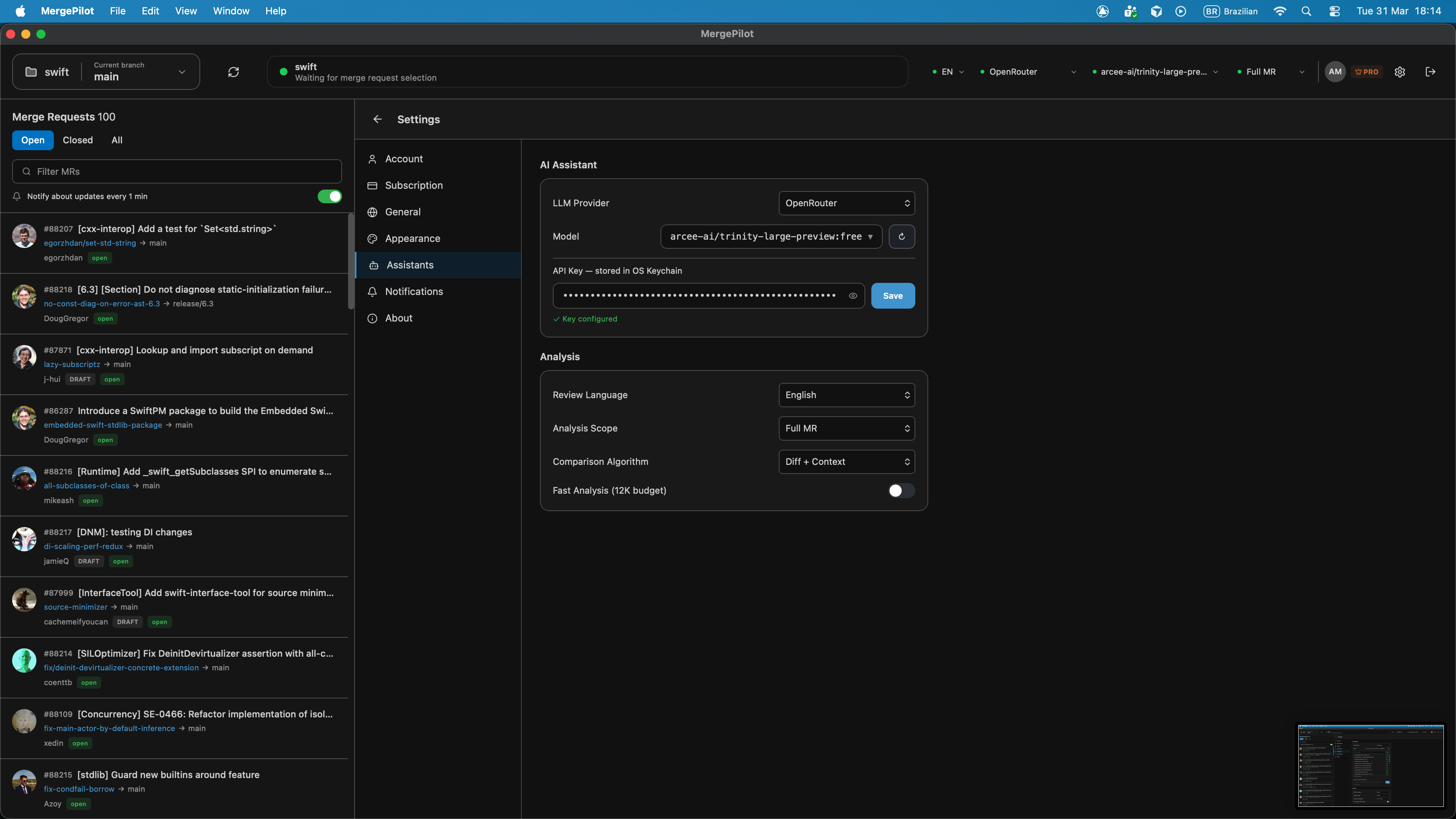 MergePilot AI analysis settings — choose your AI provider, analysis scope, and context depth