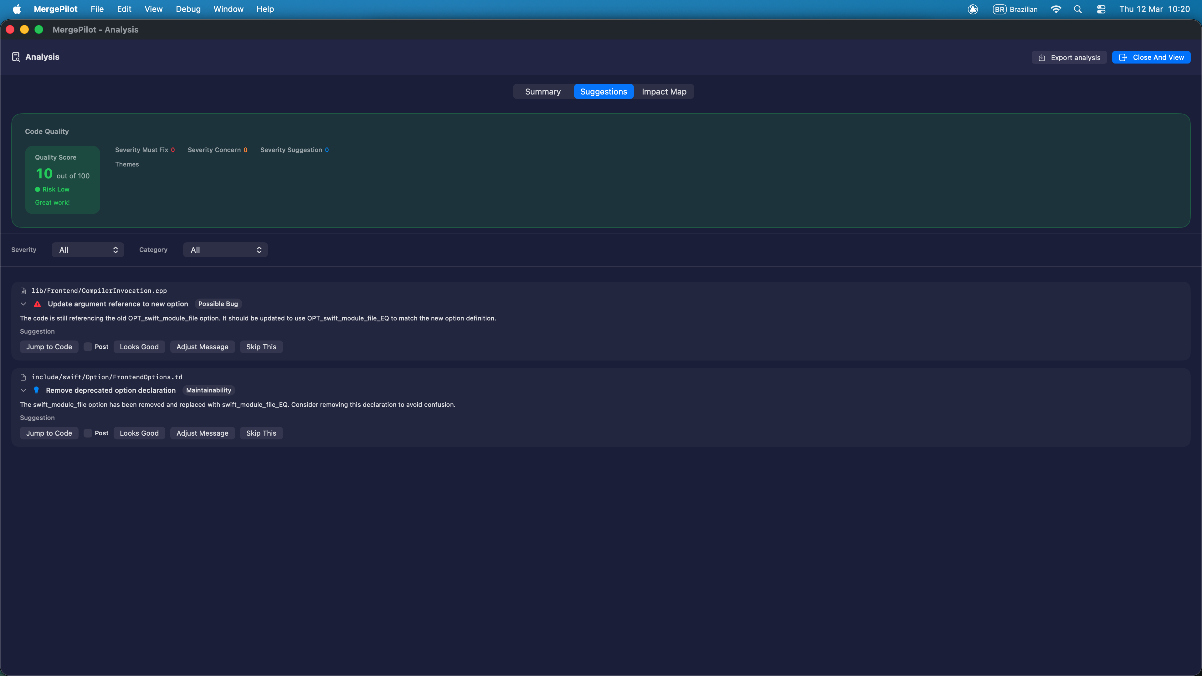MergePilot AI suggestions — inline code findings with severity levels inside the Pull Request diff