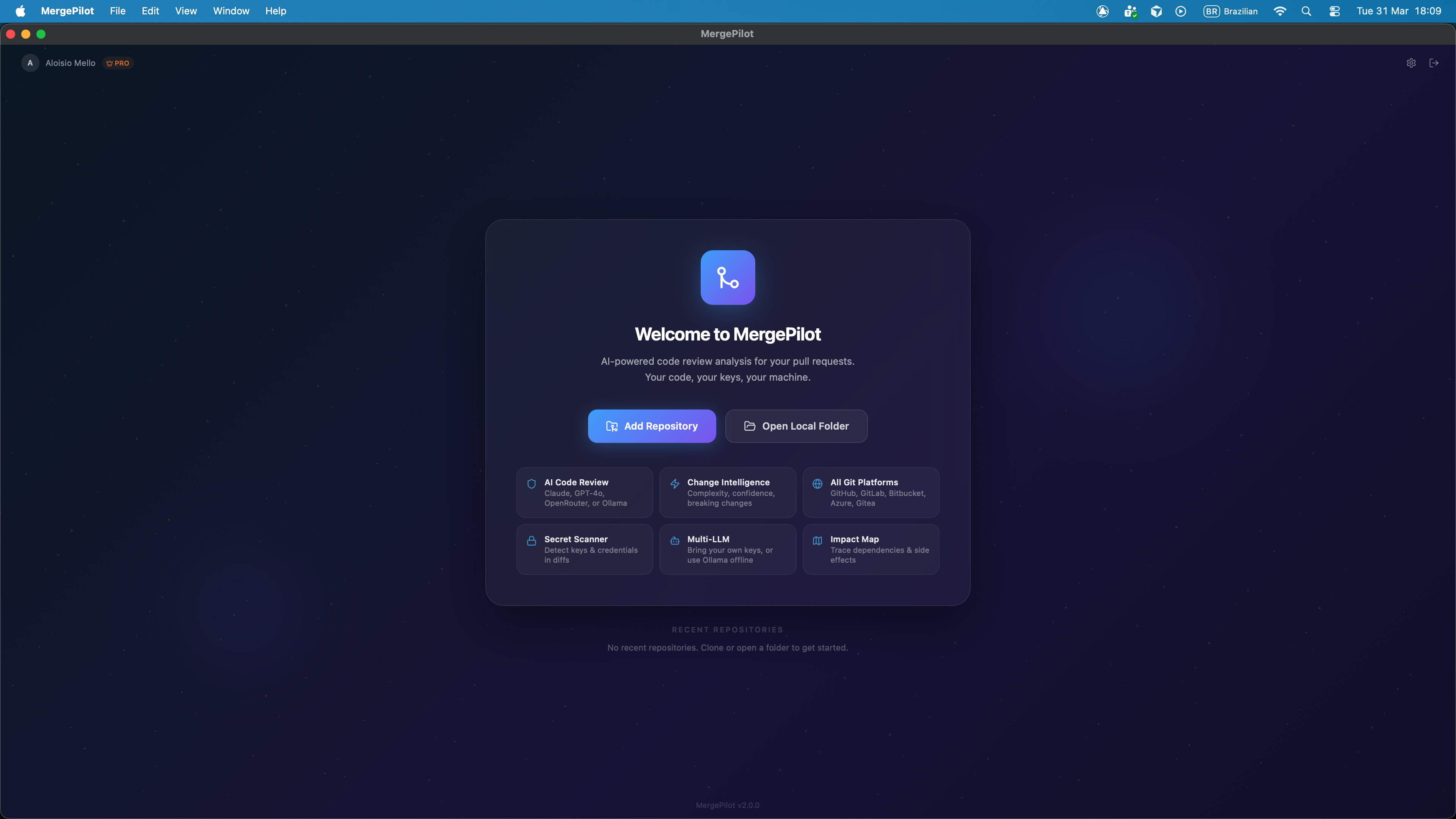 MergePilot desktop app — AI code review for macOS, Windows and Linux